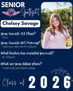 Senior Spotlight graphic for Chelsey Savage, West Central Class of 2026. Chelsey lists Civics as her favorite subject and looks back fondly on freshman math. She names Mr. Holloran as the teacher who impacted her the most during her time at WC. After grad